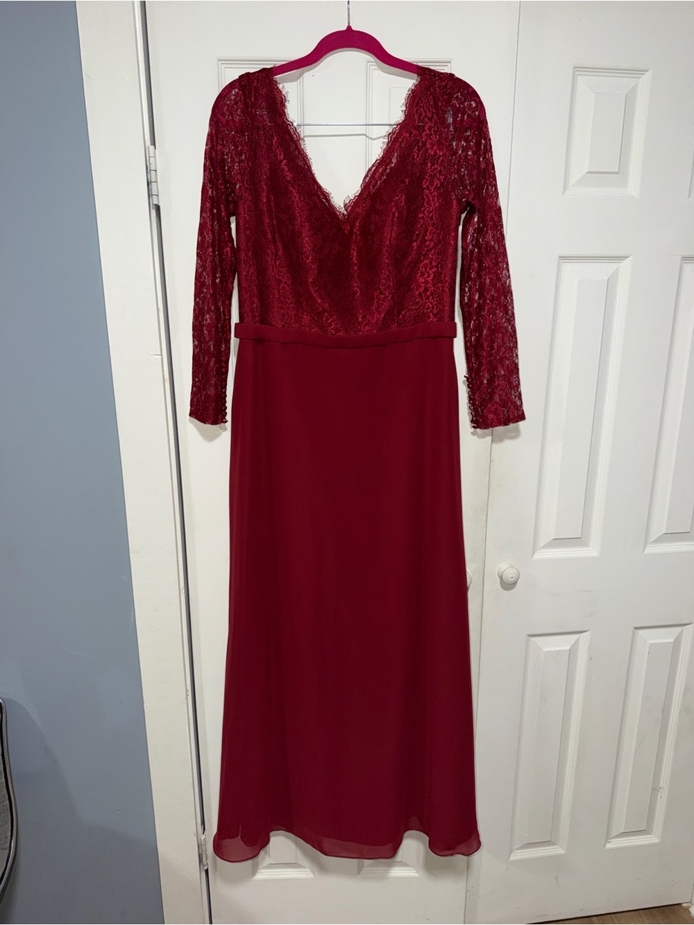 DaVinci Deep Red Lace & Chiffon Long Sleeve Gown
